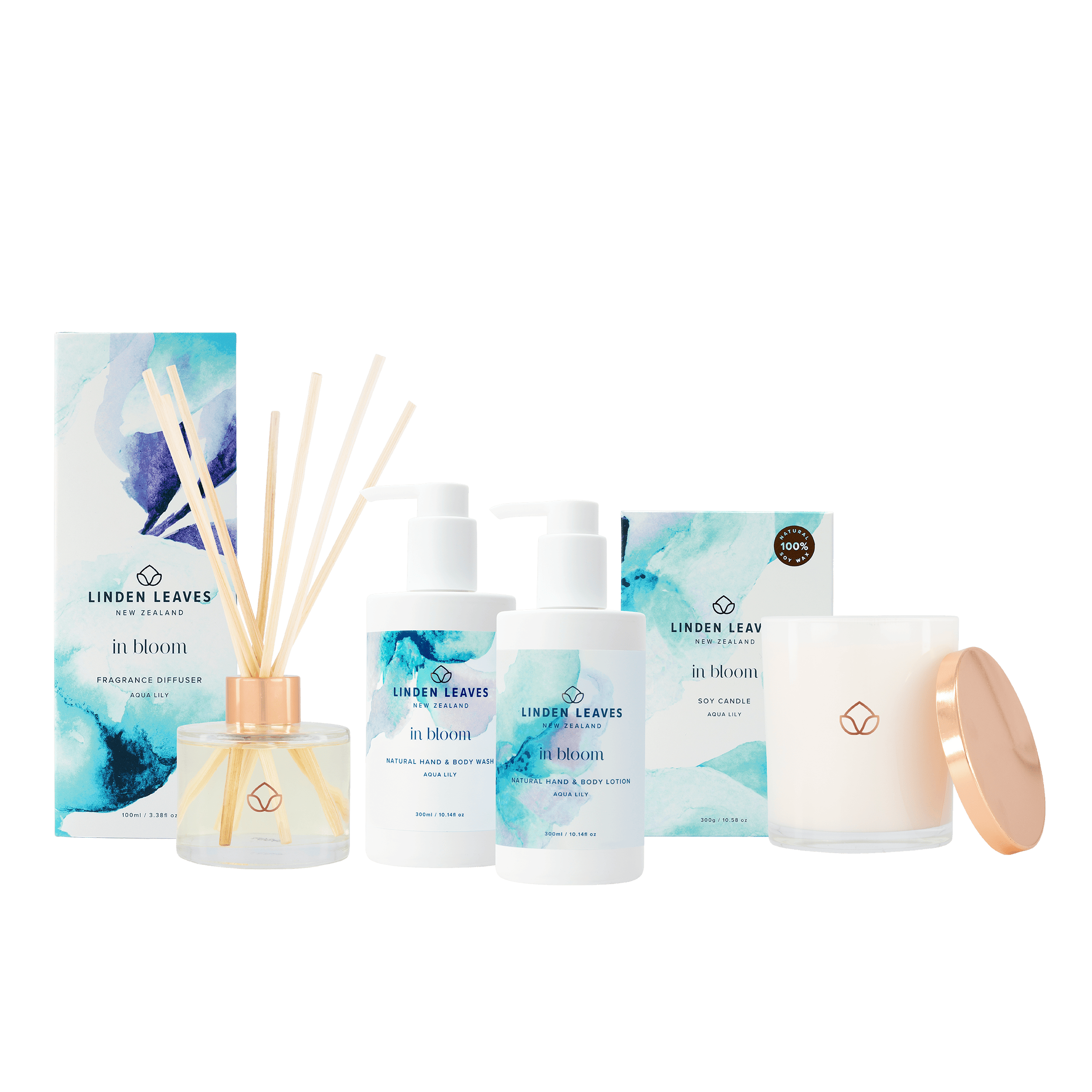 Aqua Lily Collection β Wash & Lotion, Fragrance Diffuser, Soy Candle