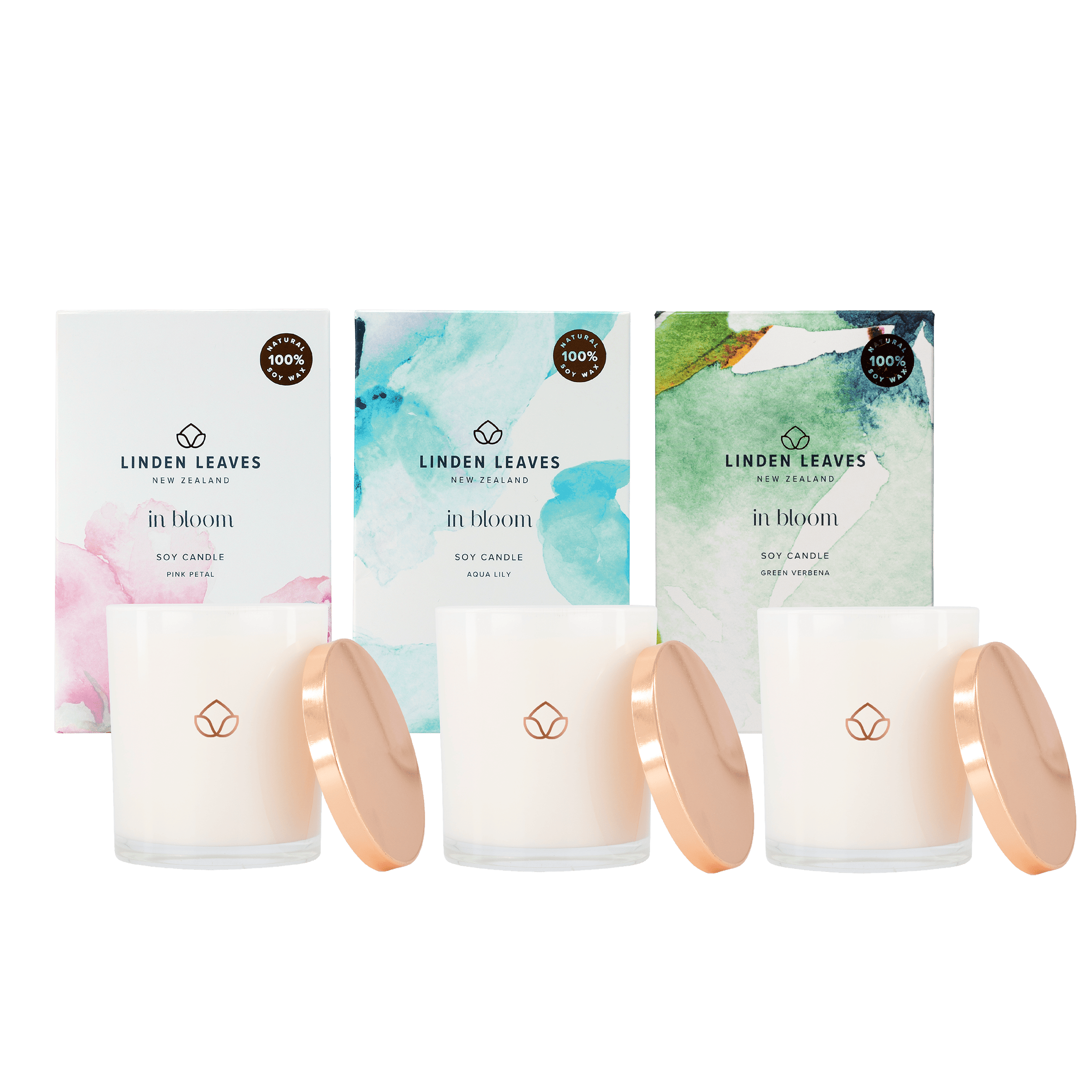 Soy Candle Collection - Aqua Lily, Pink Petal & Green Verbena