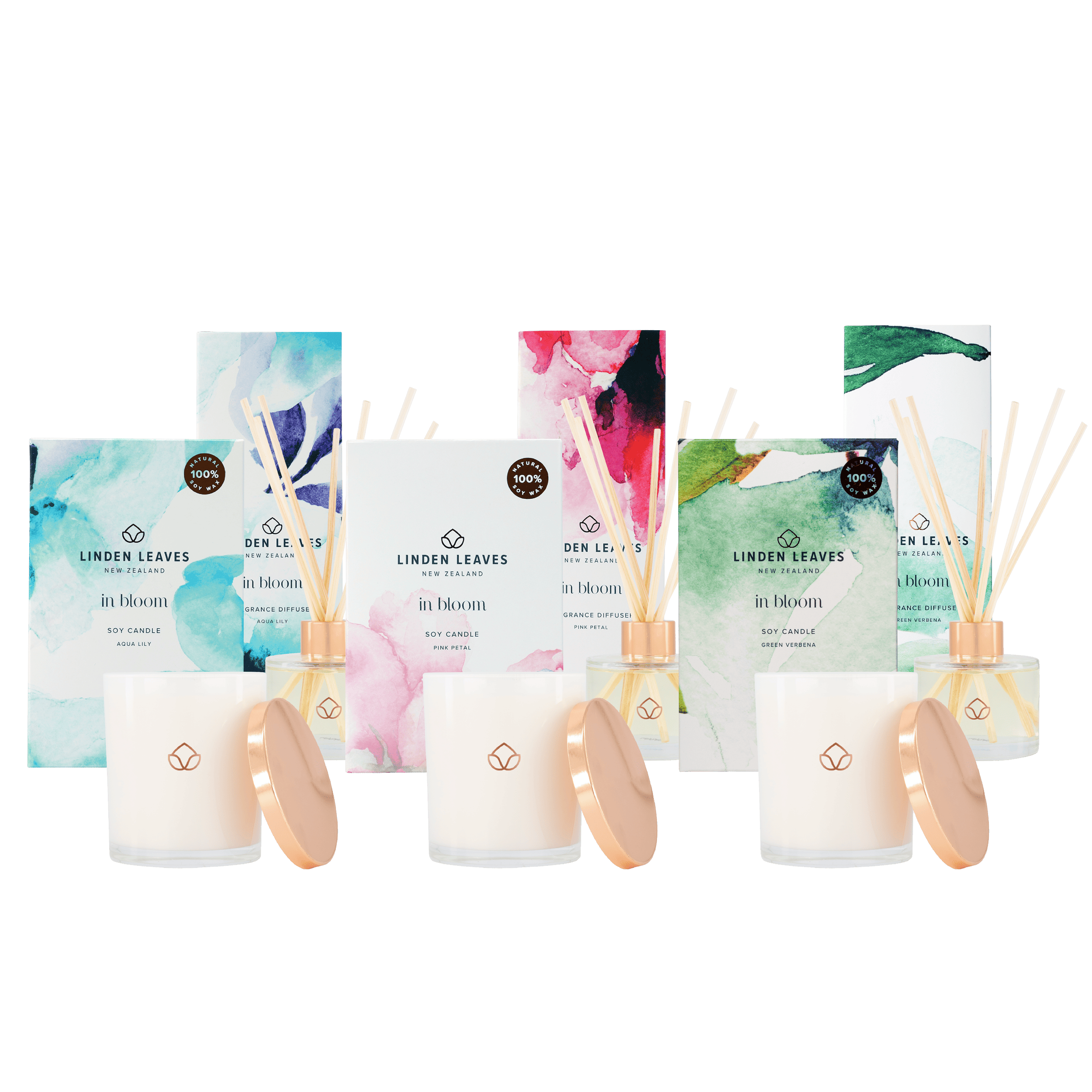 Aqua Lily, Pink Petal & Green Verbena Soy Candles and Aqua Lily, Pink Petal & Green Verbena Fragrance Diffusers