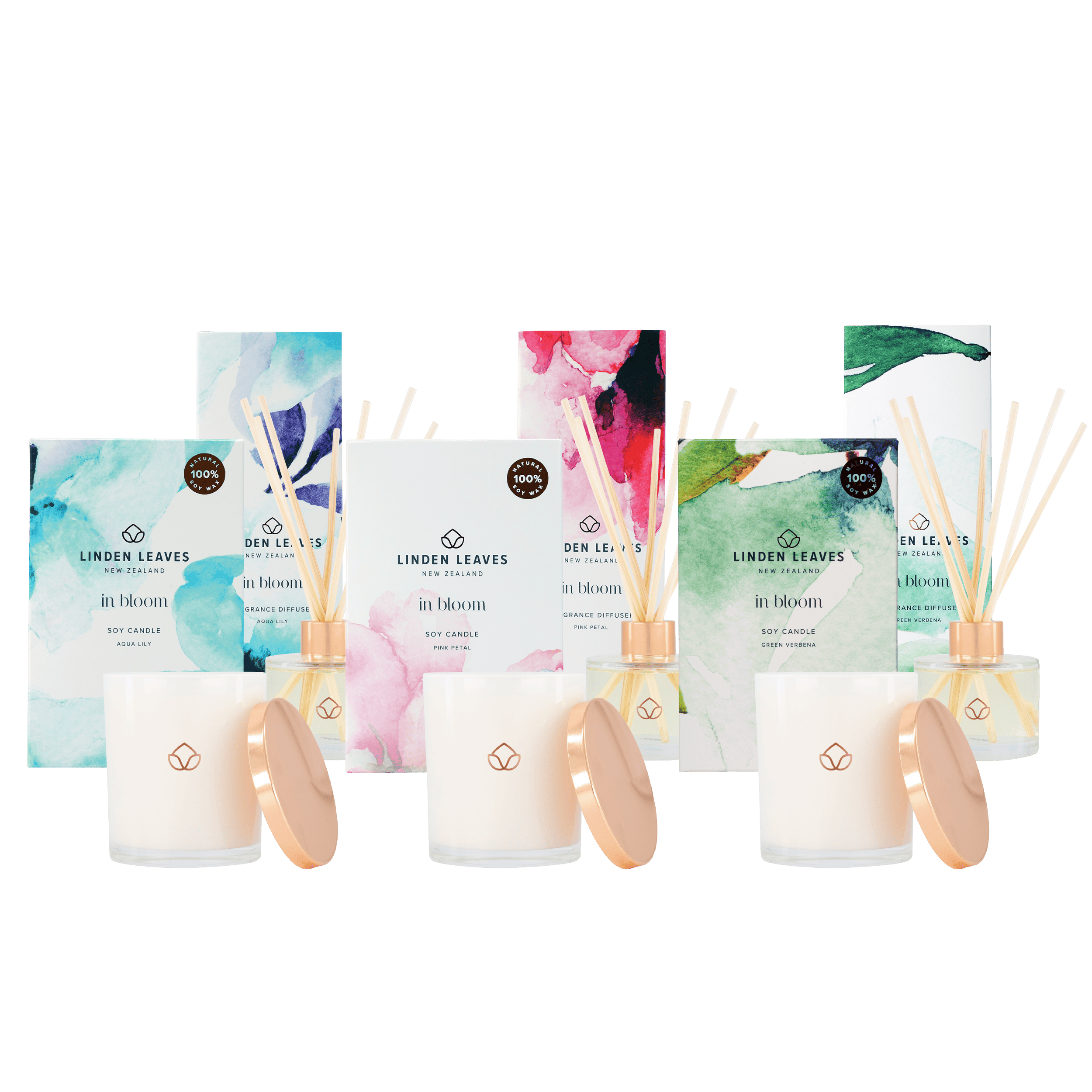 Aqua Lily, Pink Petal & Green Verbena Soy Candles and Aqua Lily, Pink Petal & Green Verbena Fragrance Diffusers