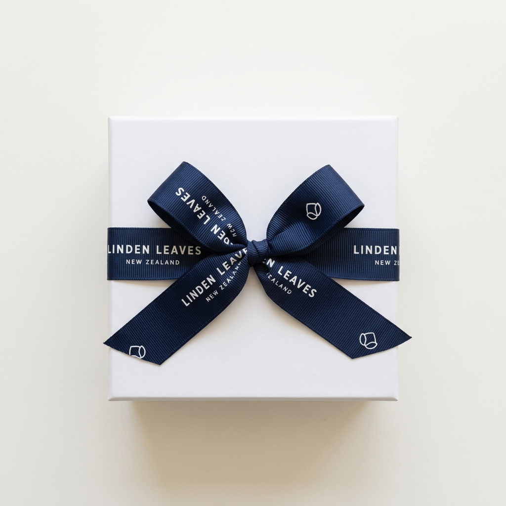 Clean studio image of Linden Leaves navy logo ribbon